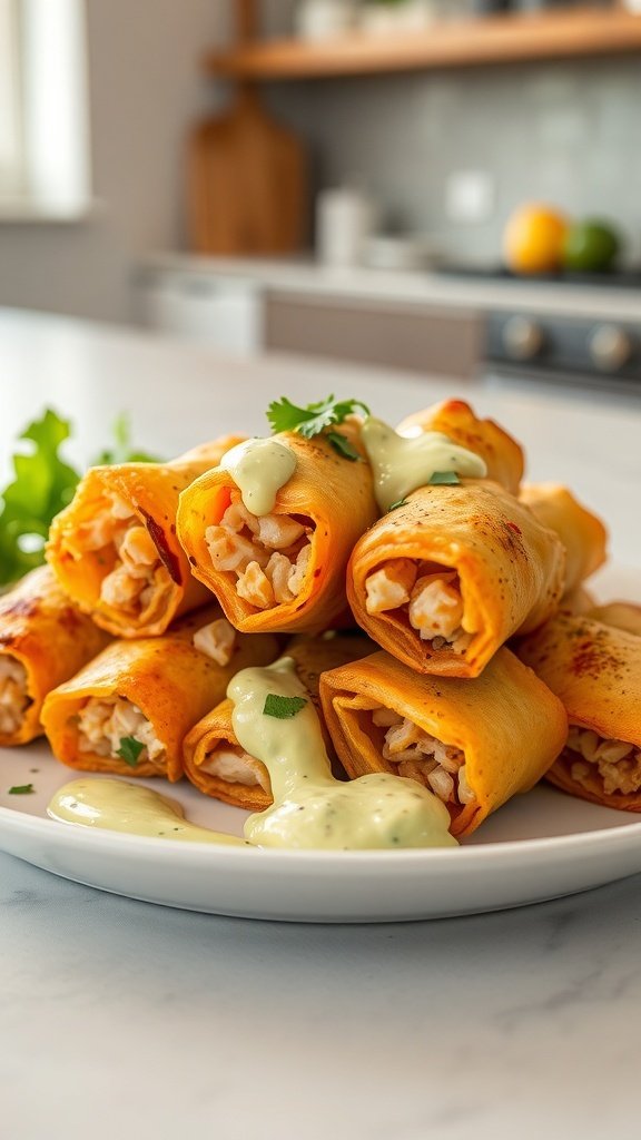 Crispy baked chicken spring rolls served with avocado cream
