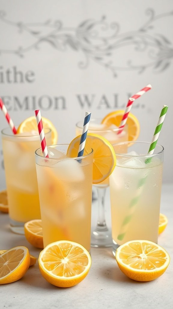 A variety of lemon-themed cocktails with lemon slices and colorful straws.
