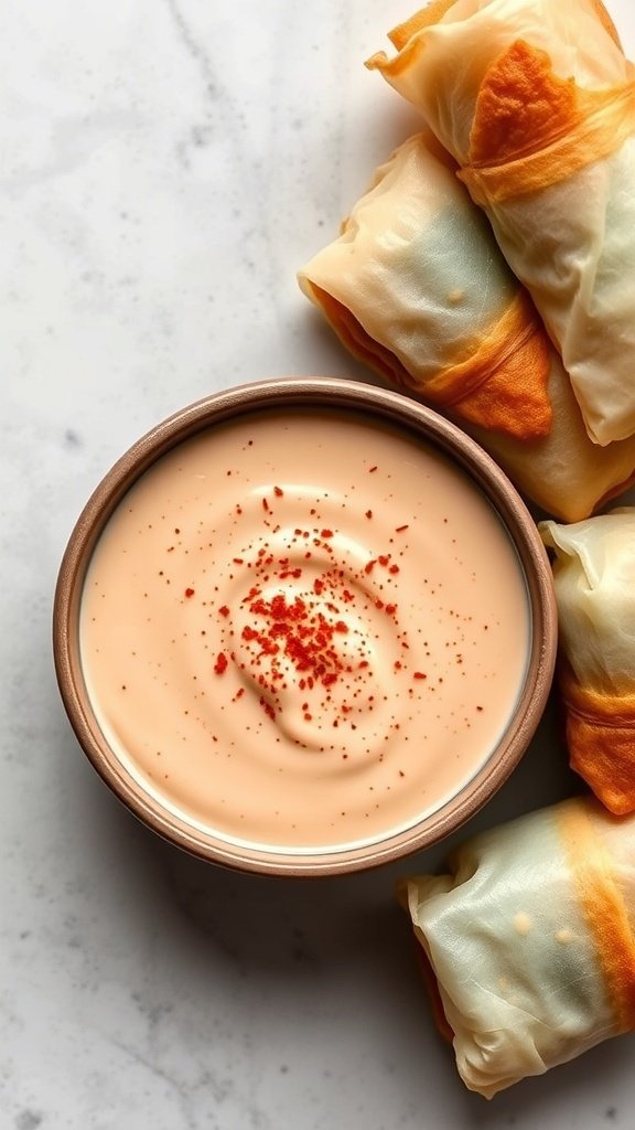 A bowl of creamy chipotle ranch sauce garnished with spices, next to fresh spring rolls.