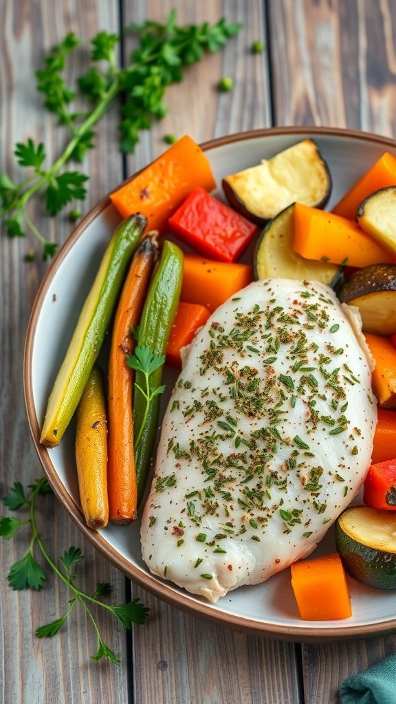 A plate of herb-crusted chicken breast with roasted vegetables including carrots, bell peppers, and zucchini.