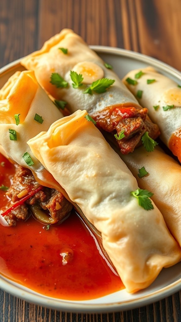 A plate of beef bourguignon spring rolls with a rich sauce and garnished with cilantro.