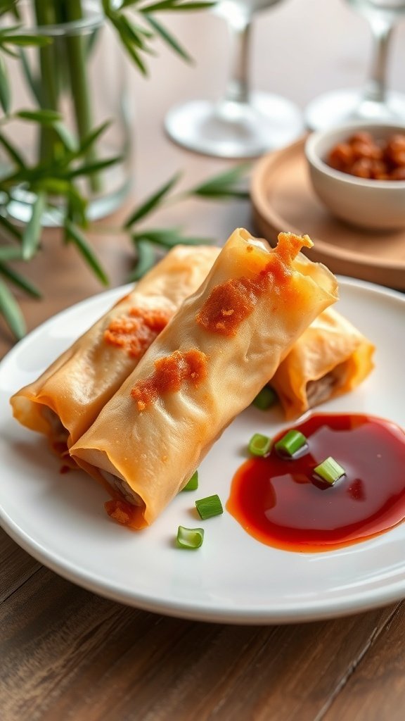 Exotic duck spring rolls served with plum sauce and garnished with green onions.