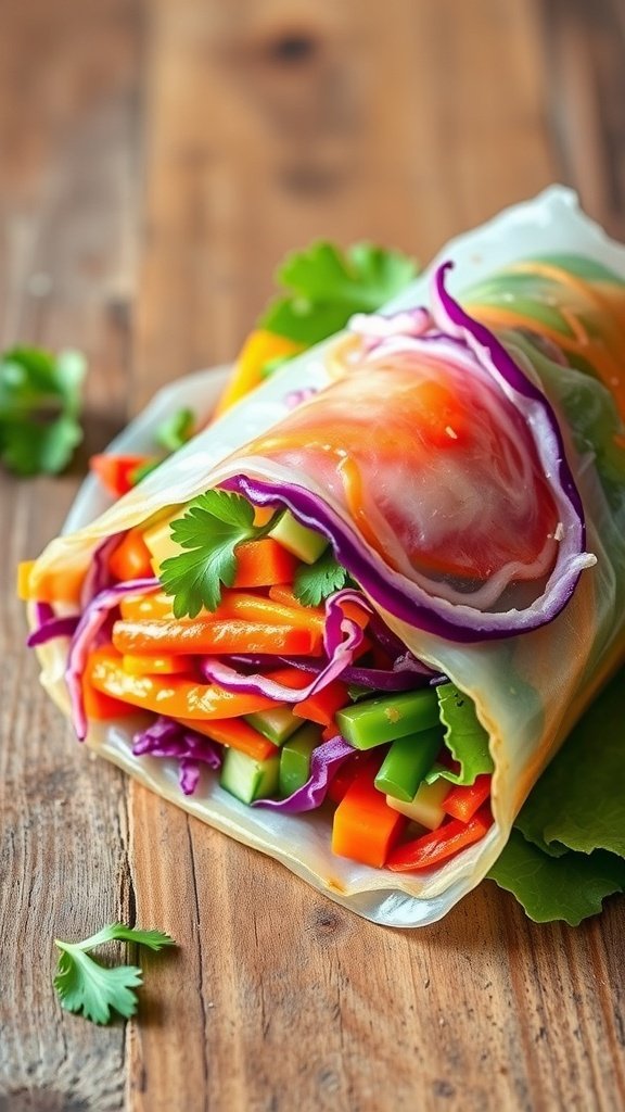 Vegan Rainbow Spring Roll Salad with colorful vegetables wrapped in rice paper