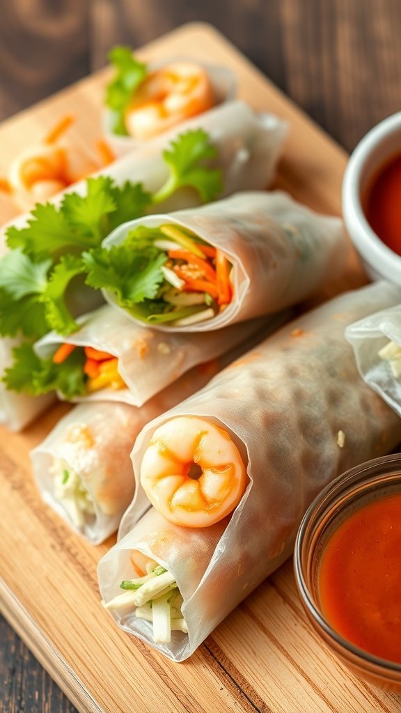 Crunchy shrimp spring rolls with Asian slaw filling on a wooden board
