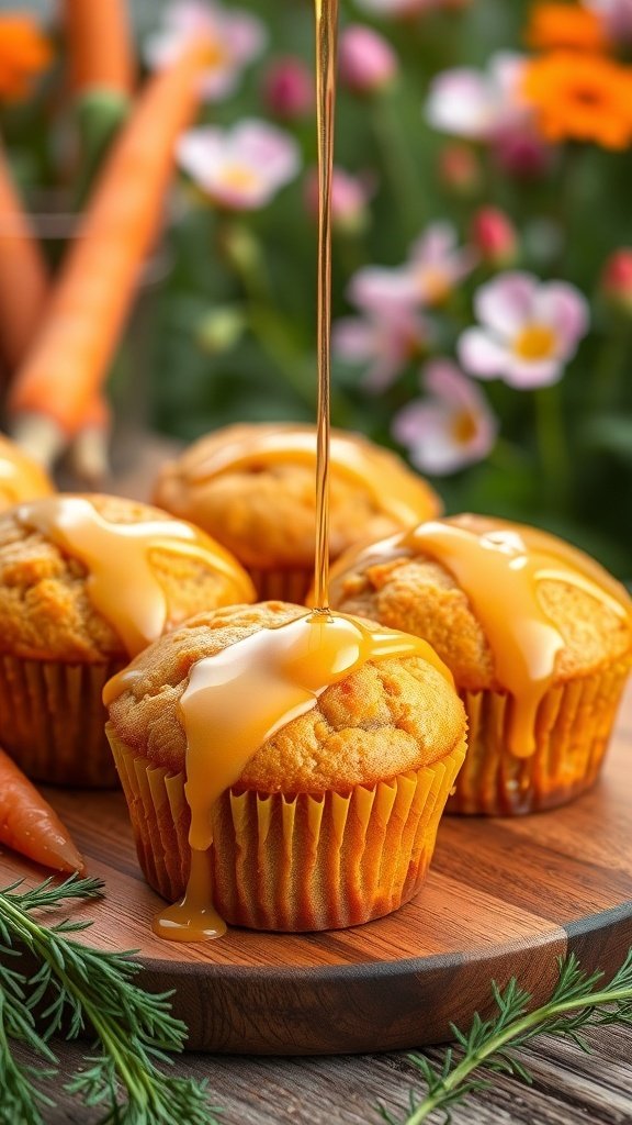Honey-glazed carrot muffins with honey drizzling on top, surrounded by fresh carrots and flowers.