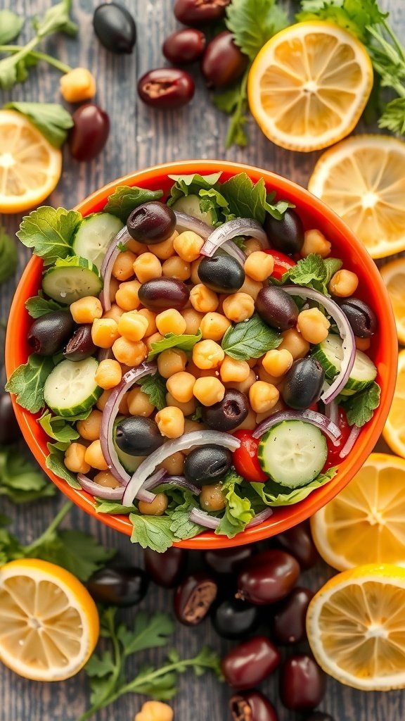 A colorful Mediterranean chickpea salad with fresh vegetables and lemon slices.