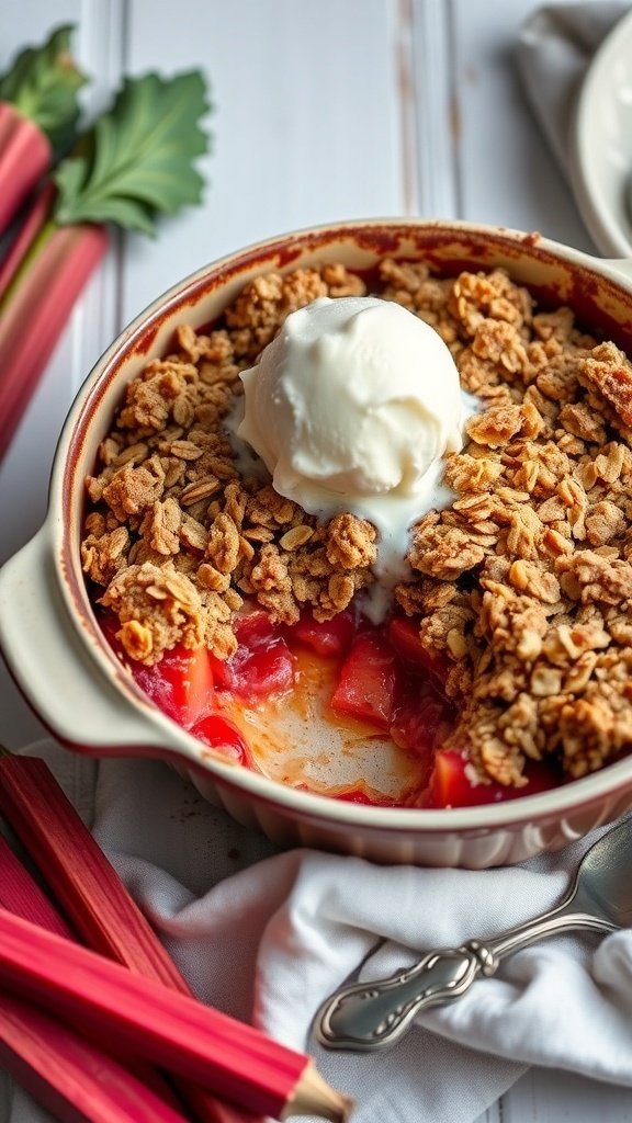 A delicious rhubarb crisp topped with vanilla ice cream, surrounded by fresh rhubarb stalks.