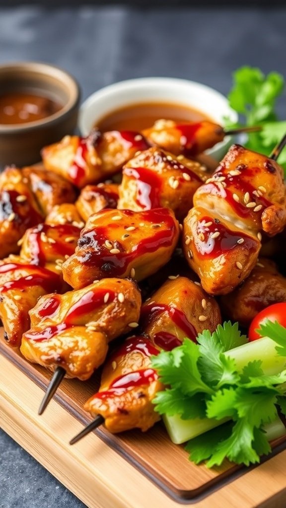 Delicious teriyaki chicken skewers garnished with sesame seeds and served with dipping sauce.
