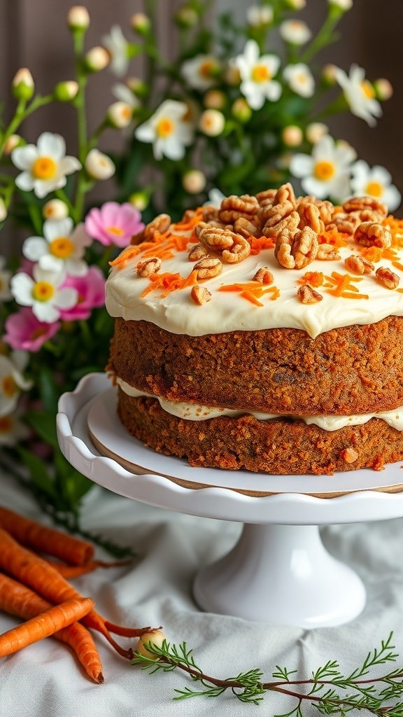 Charming carrot cake with cream cheese frosting, decorated with walnuts and carrot shavings, surrounded by flowers and fresh carrots.