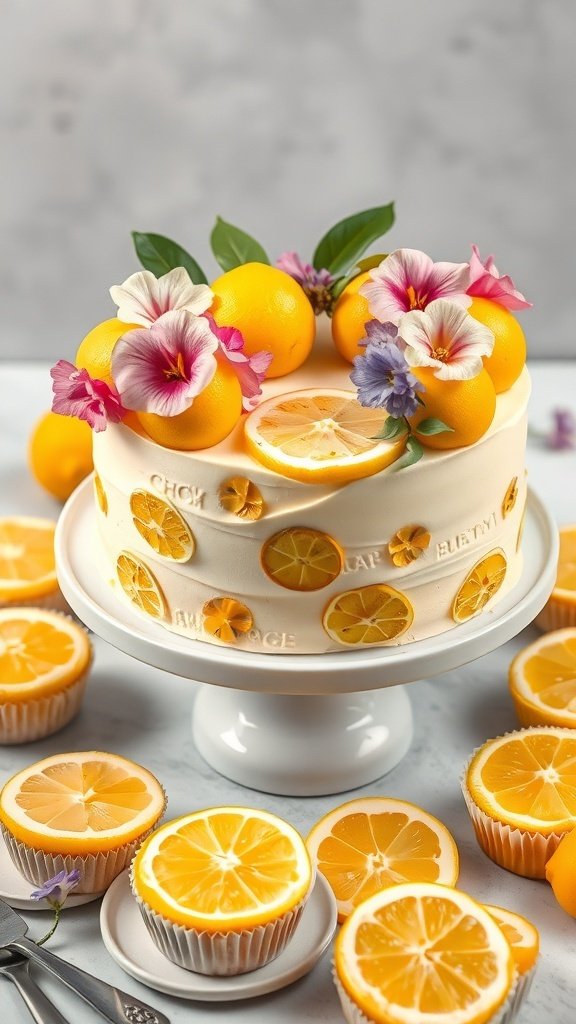 A beautifully decorated lemon cake topped with fresh lemons and flowers, surrounded by lemon cupcakes and lemon slices.