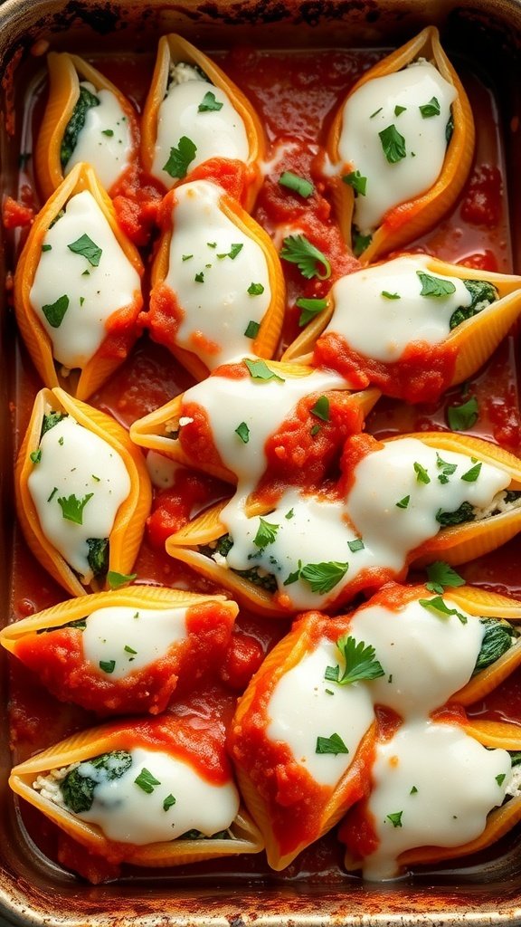 A baking dish filled with spinach and cheese stuffed pasta shells topped with marinara sauce and melted cheese.