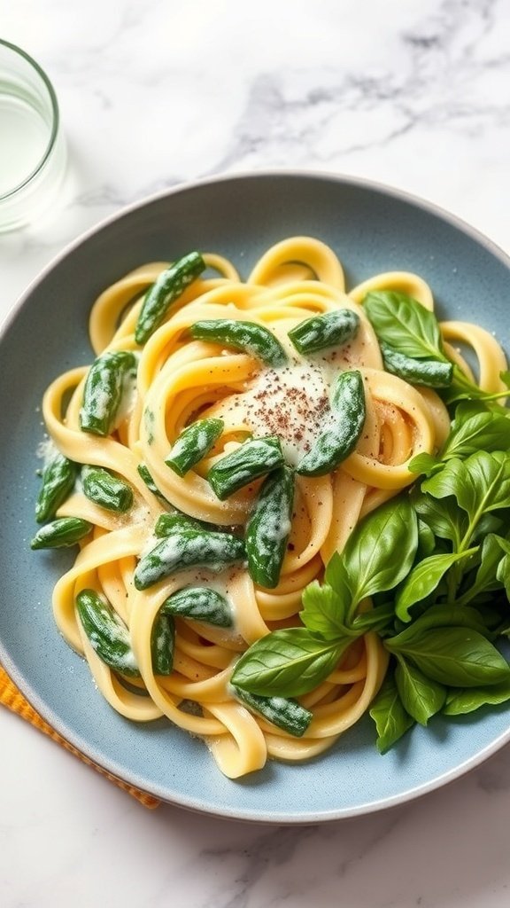 A bowl of creamy spinach and ricotta fettuccine with fresh basil leaves on the side.