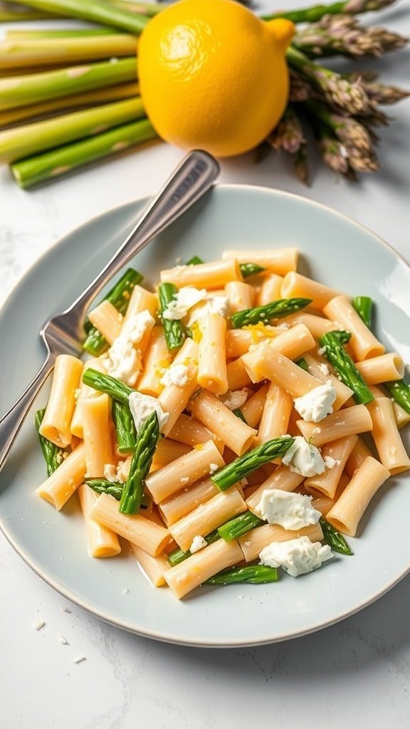 A plate of pasta with asparagus and lemon ricotta, garnished with lemon and asparagus in the background.