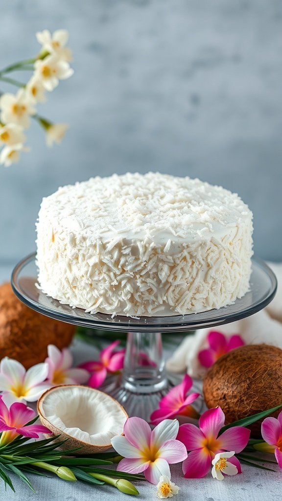 A beautifully decorated coconut cream cake surrounded by fresh flowers and coconuts.