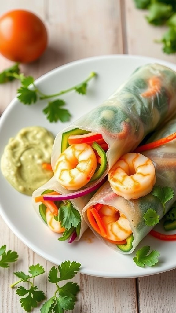 Vegetable-loaded shrimp spring rolls with avocado dip on a plate