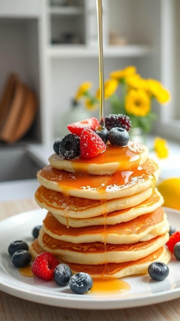 Stack of lemon ricotta pancakes topped with berries and syrup