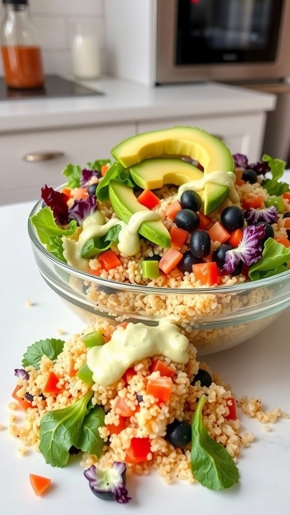 A vibrant bowl of quinoa spring roll salad topped with avocado dressing and fresh vegetables.