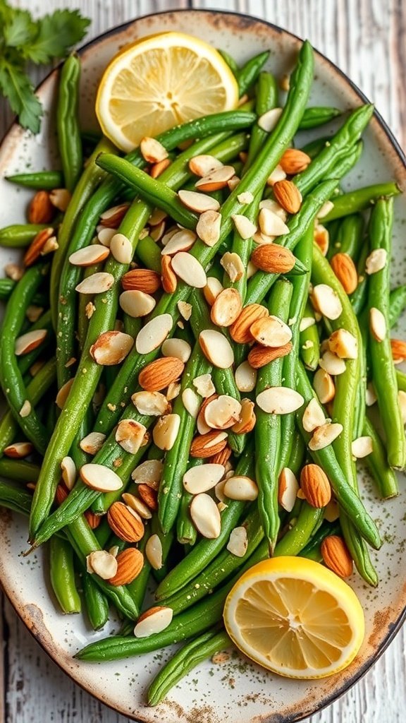 A vibrant Nutty Green Bean and Almond Salad with lemon slices and toasted almonds on top.