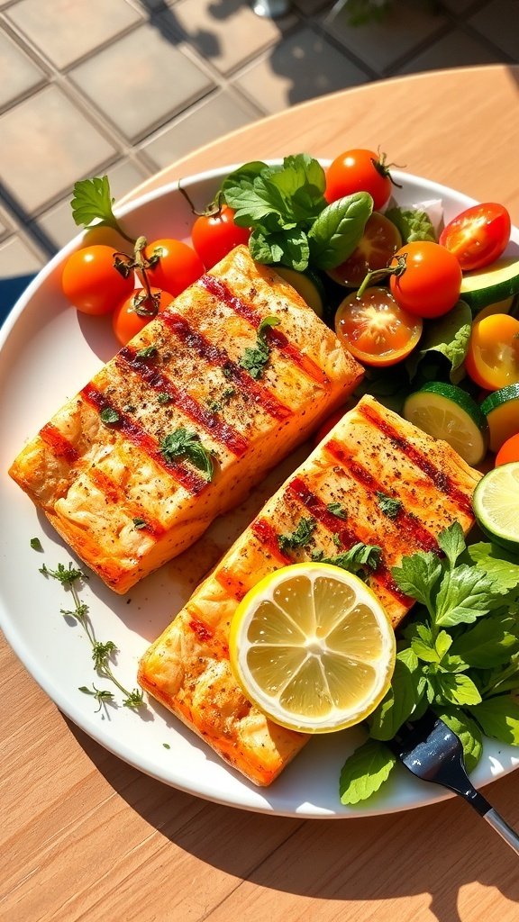 Grilled salmon fillets with lemon slices and a fresh salad on a plate
