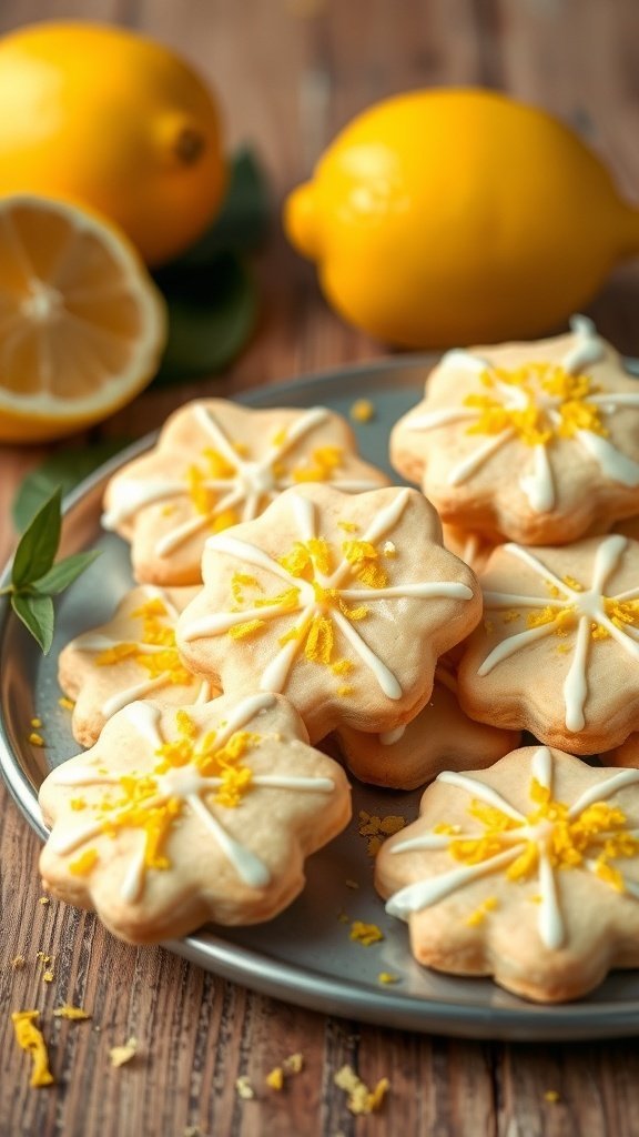 A plate of zesty lemon sugar cookies decorated with lemon zest and icing, with fresh lemons in the background.