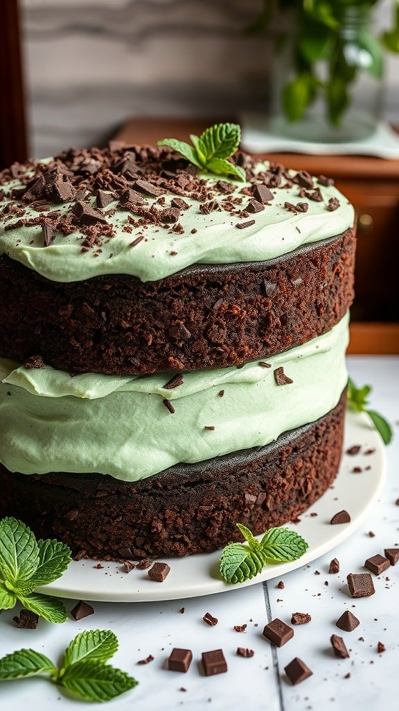 A beautifully layered chocolate mint cake topped with mint frosting and chocolate shavings.