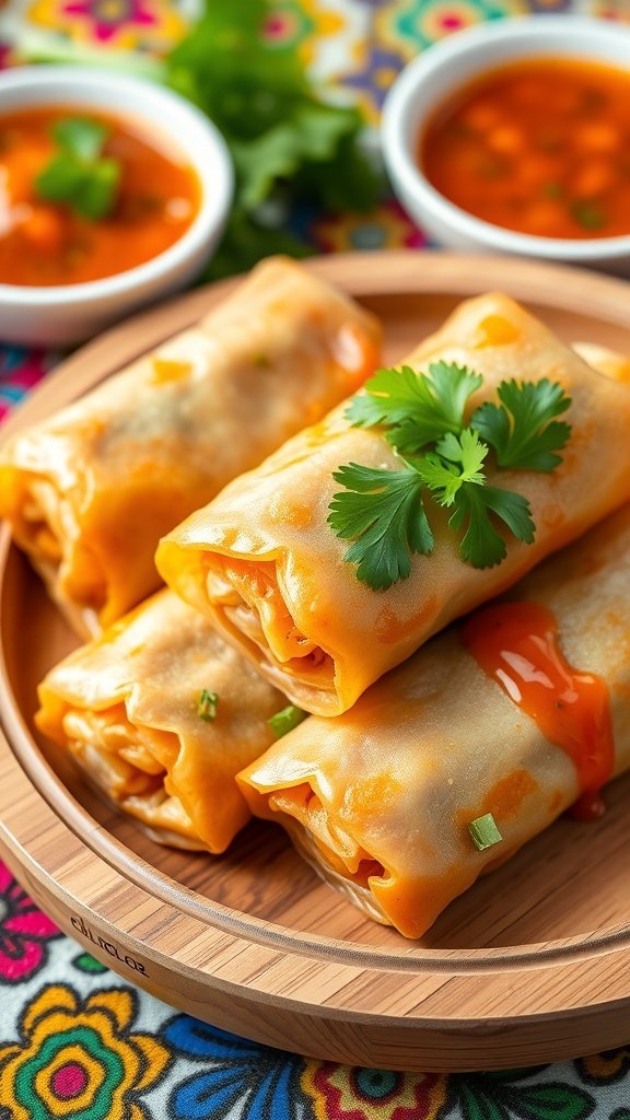 Spicy chicken spring rolls with peanut sauce on a colorful background
