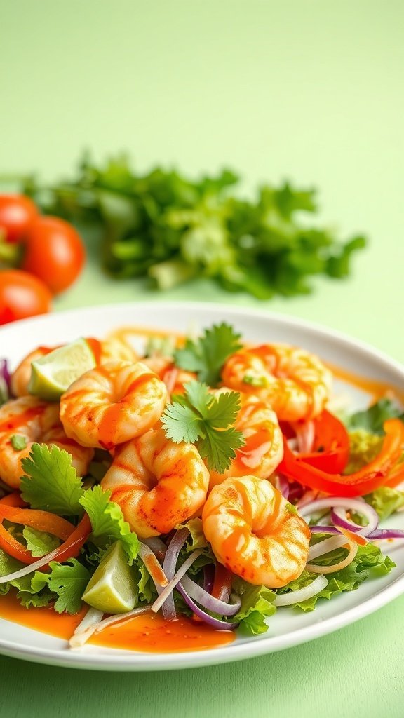 A colorful crispy shrimp spring roll salad topped with sweet chili sauce, garnished with lime and cilantro.
