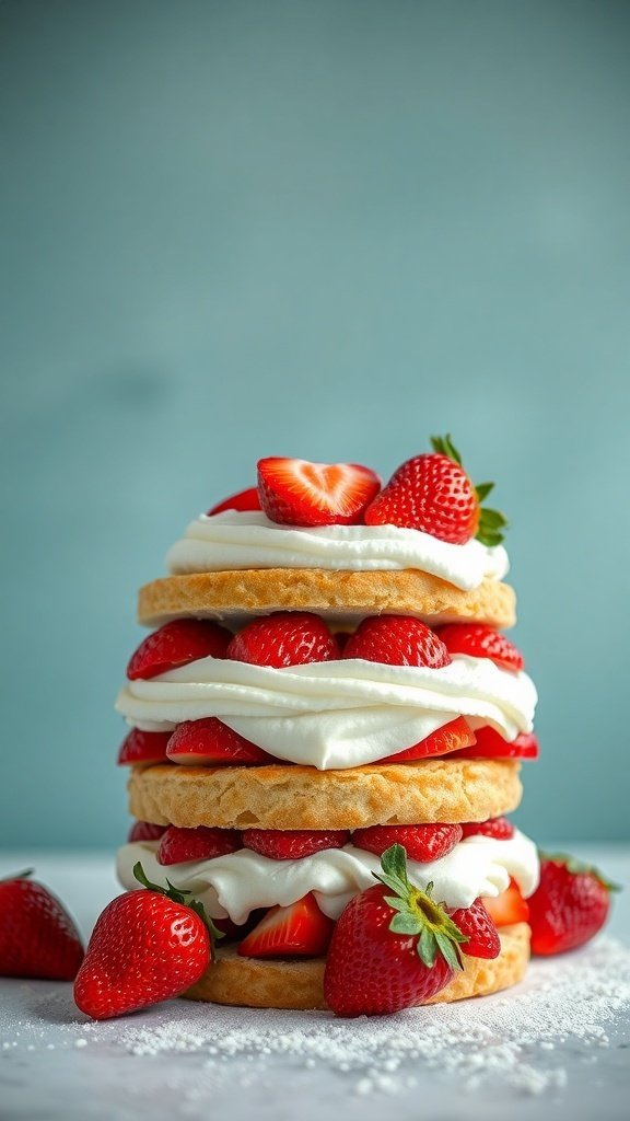 A tall strawberry shortcake layered with whipped cream and fresh strawberries.