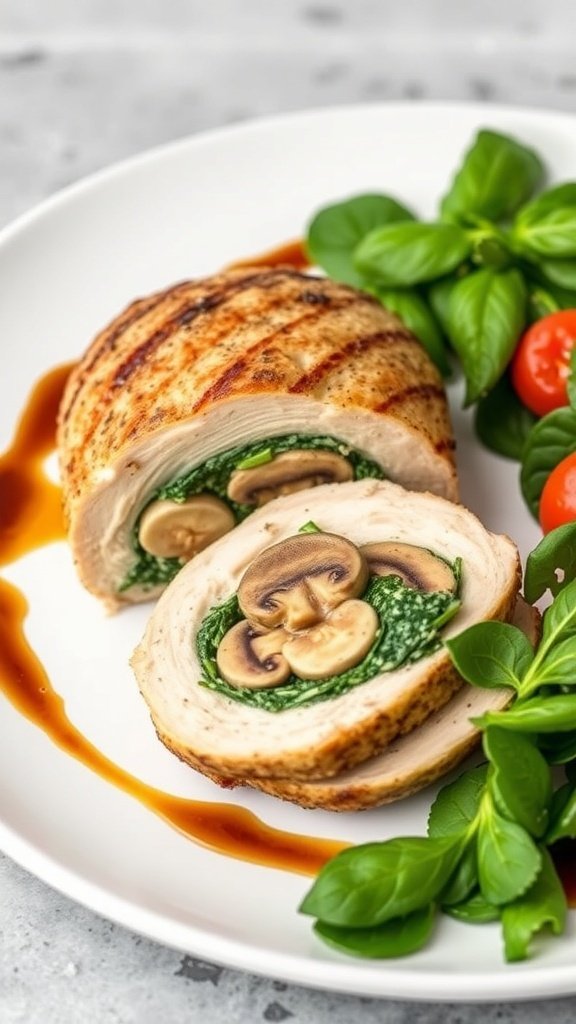 Creamy mushroom and spinach stuffed chicken on a plate with fresh greens and cherry tomatoes.