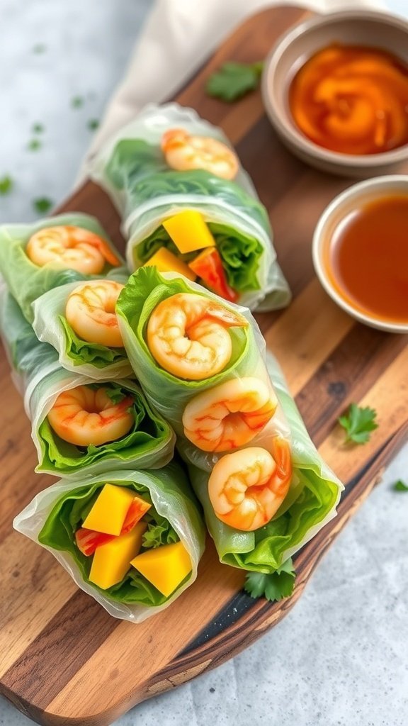 Mango and shrimp spring rolls on a wooden platter with dipping sauce
