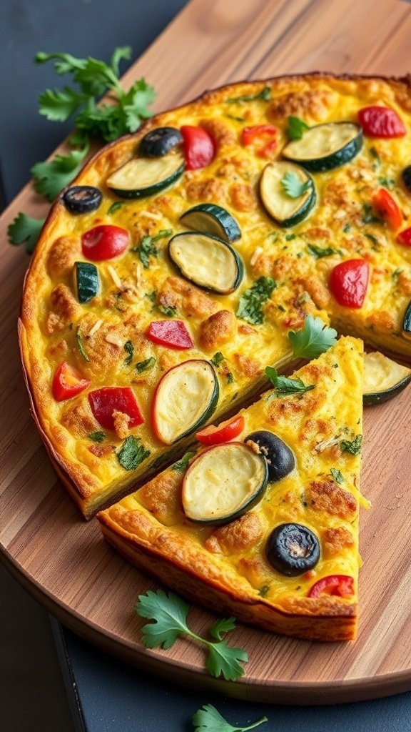 A colorful spring frittata with zucchini, bell peppers, and olives on a wooden board.
