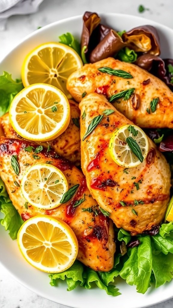A plate of Zesty Lemon Herb Alice Springs Chicken garnished with lemon slices and herbs