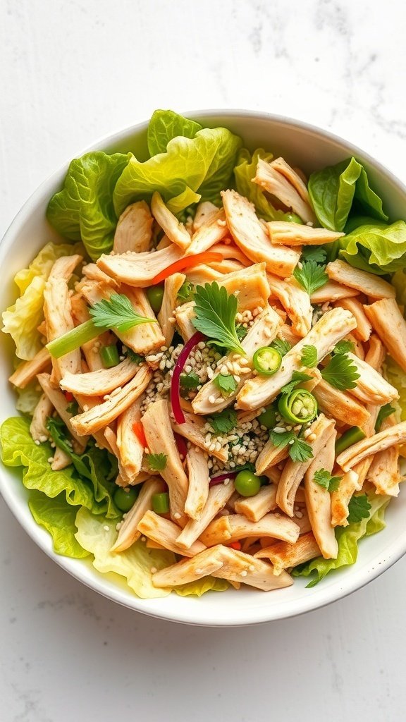 A bowl of Savory Chicken Spring Roll Salad with shredded chicken, lettuce, and colorful vegetables.