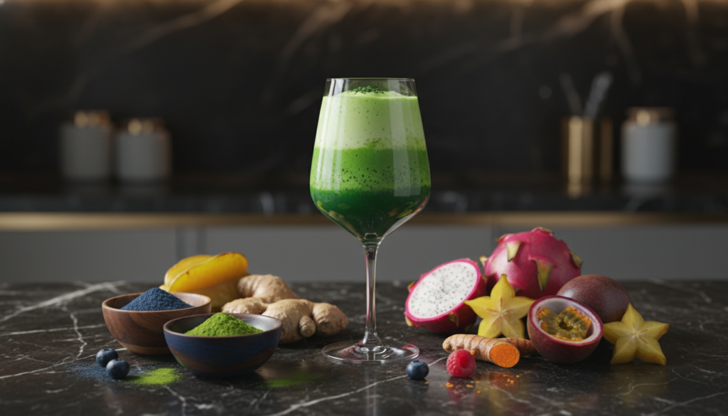 Advanced green smoothie for weight losing without milk with superfood ingredients