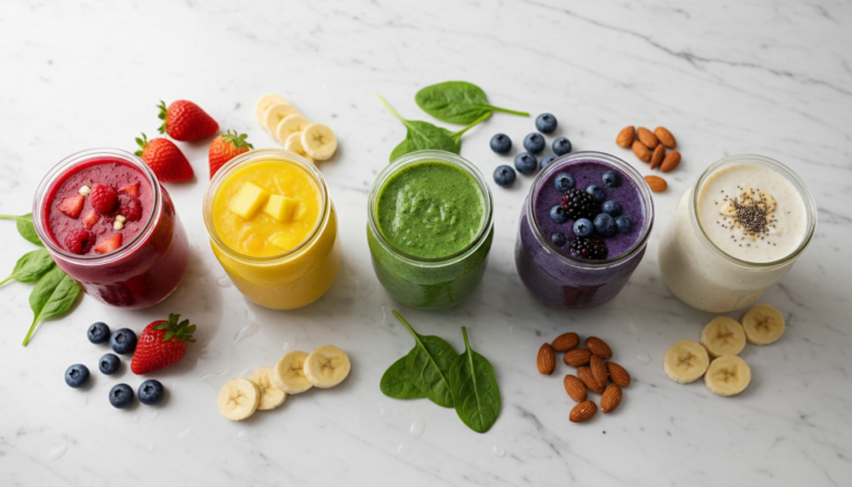 Colorful array of smoothies for weight losing without milk displayed in glass containers with fresh fruit ingredients