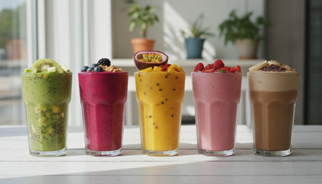 Five different smoothies for weight losing without milk in clear glasses with garnishes