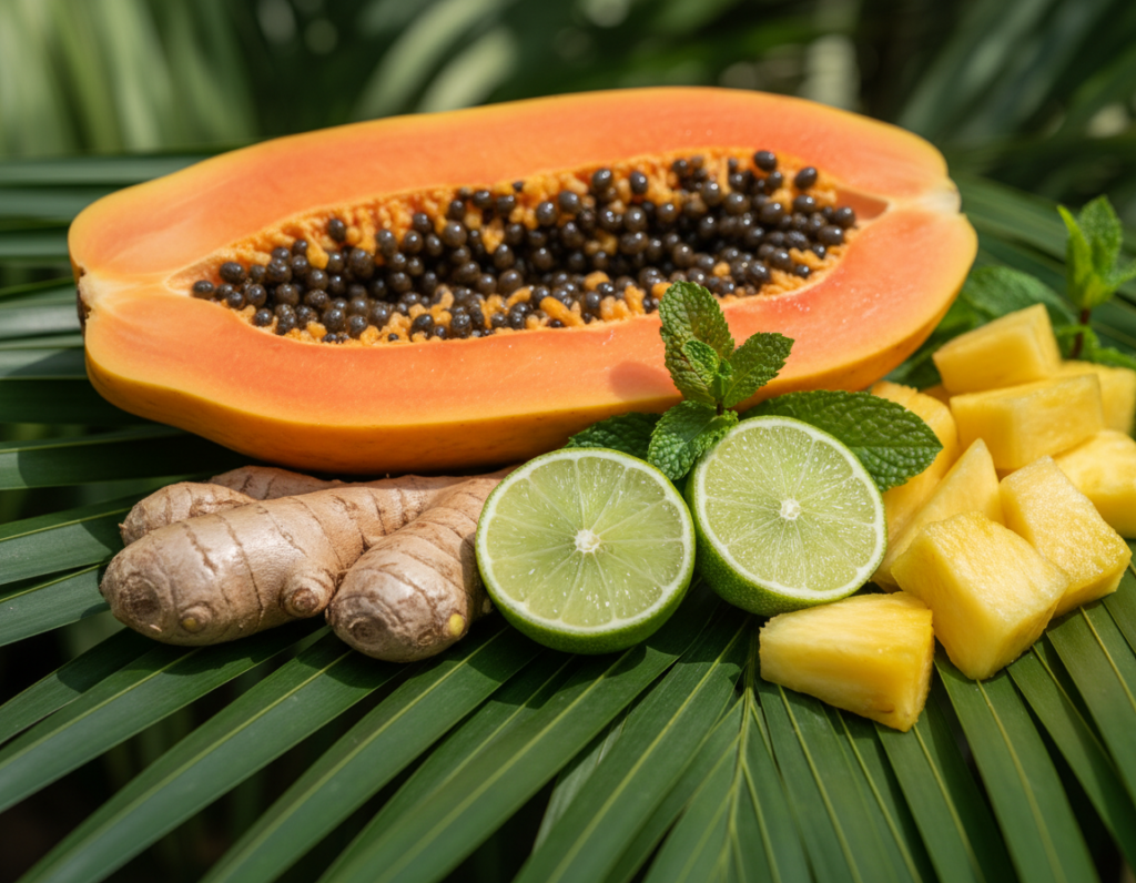 Fresh papaya, ginger, and tropical ingredients for digestive smoothie