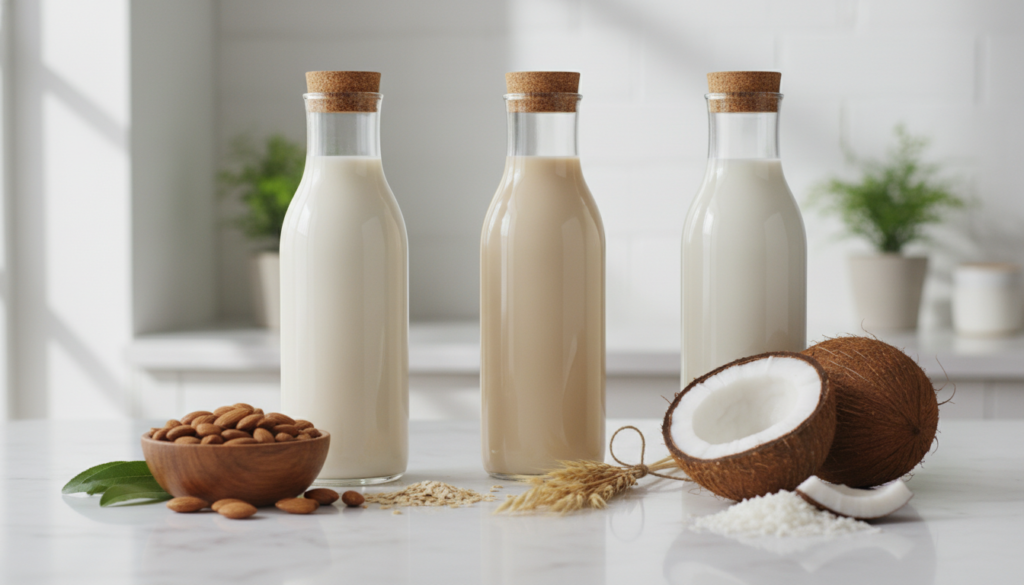 Glass bottles of almond milk, oat milk, and coconut milk for smoothies for weight losing without milk
