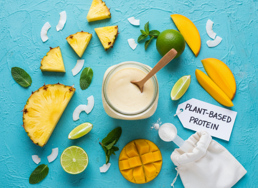 Ingredients laid out for tropical smoothie for weight losing without milk