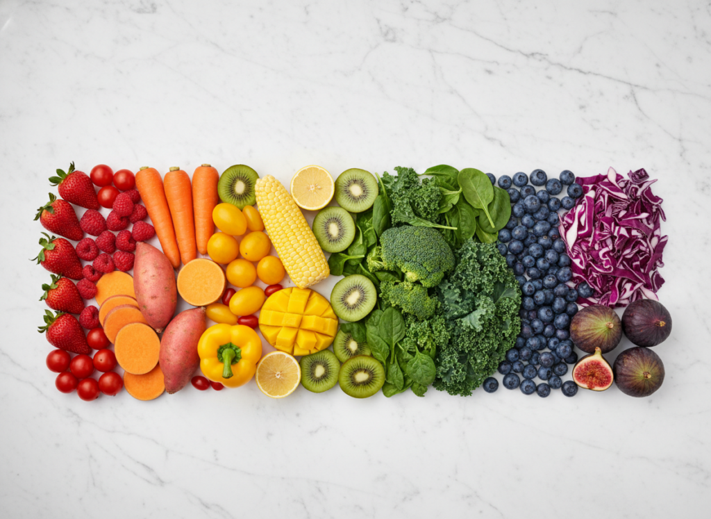 Rainbow of colorful fruits and vegetables for nutrient-dense smoothies