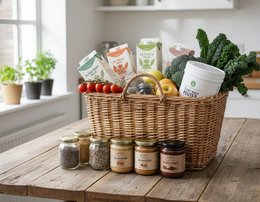 Shopping basket filled with healthy smoothie ingredients and plant-based milk