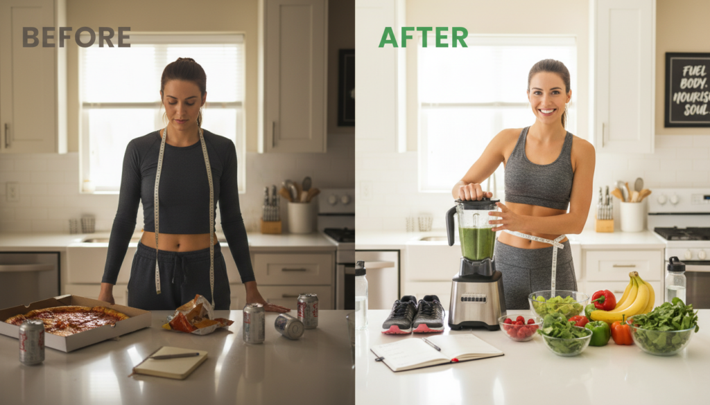 Transformation journey showing healthy smoothie lifestyle for weight loss