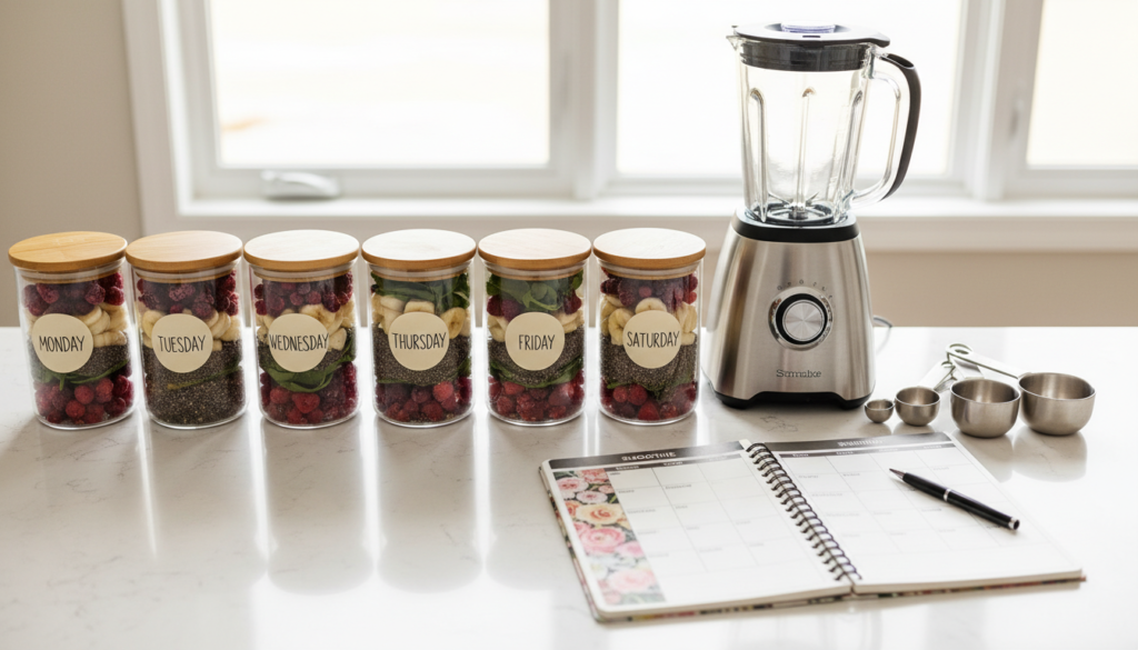 Weekly meal prep with smoothie ingredients organized in containers