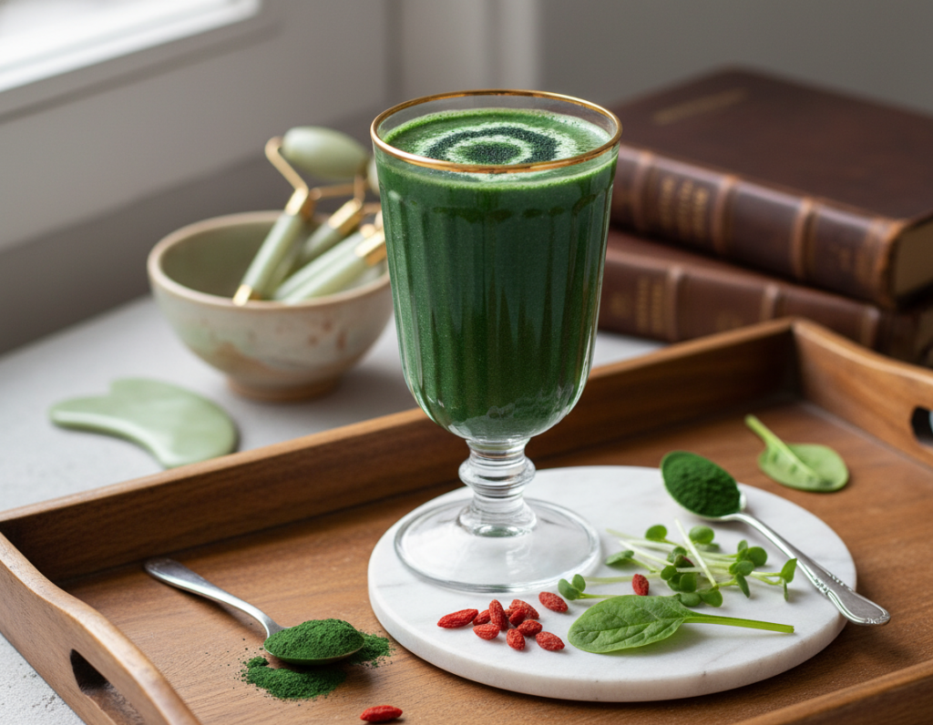 anti-aging green smoothie with superfoods for healthy glowing skin