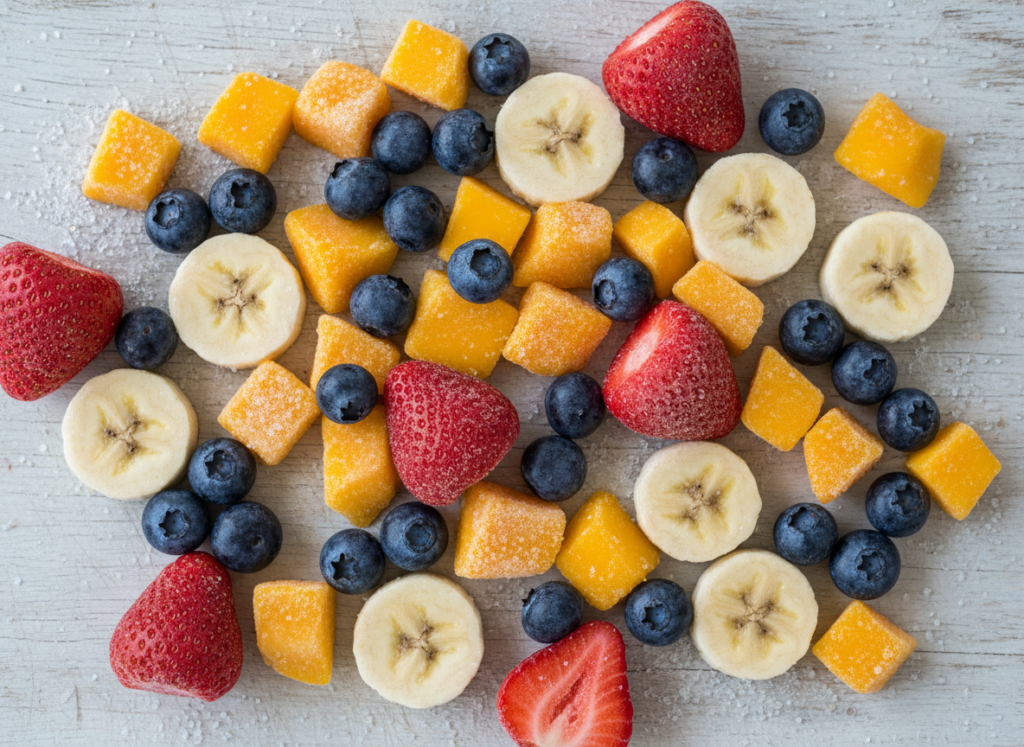 assorted frozen berries and tropical fruit for smoothie recipes