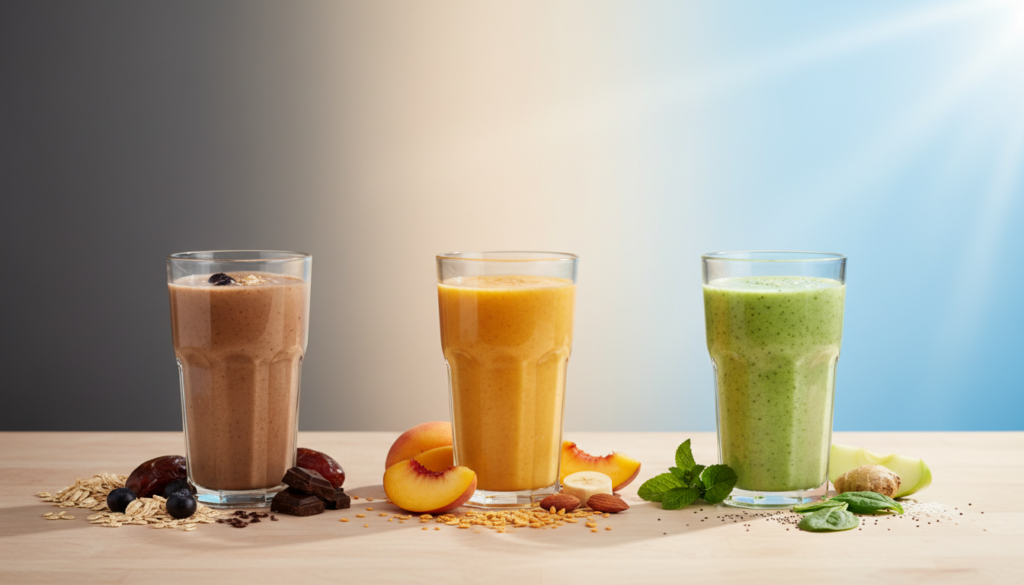 before and after concept with multiple smoothies for weight losing with oats representing transformation journey