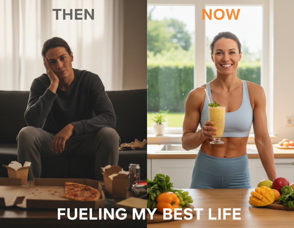 before and after transformation photos showing weight loss success with healthy lifestyle