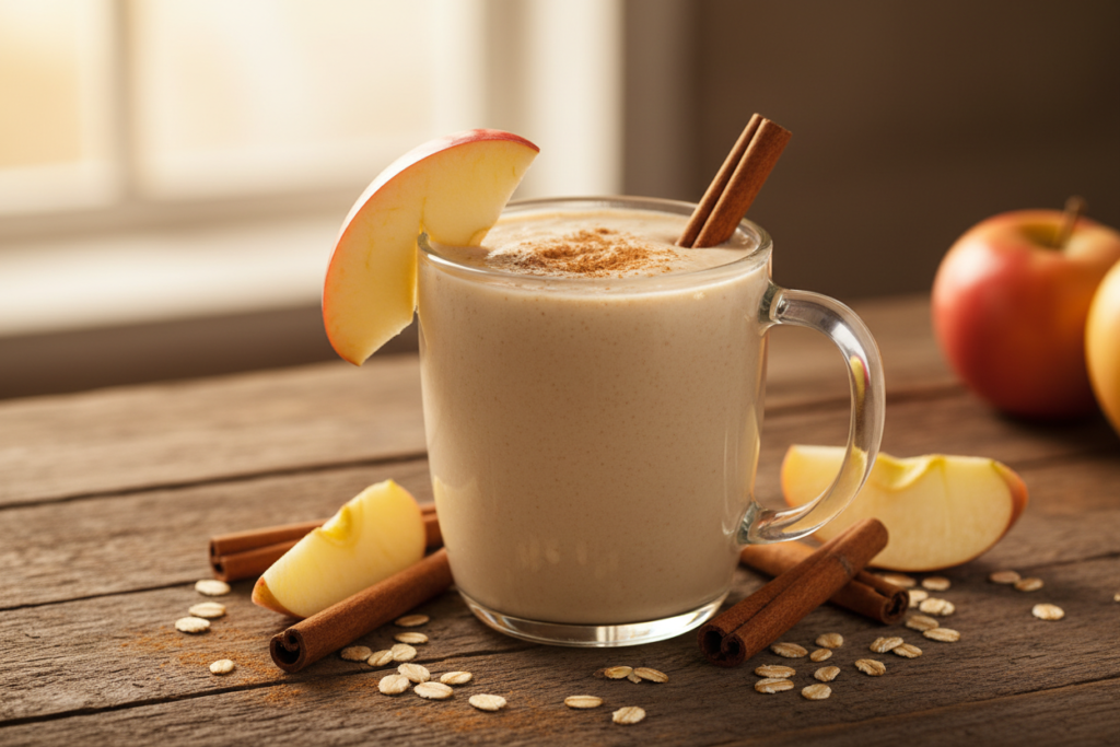 beige apple cinnamon oats smoothie with apple slice garnish for weight loss