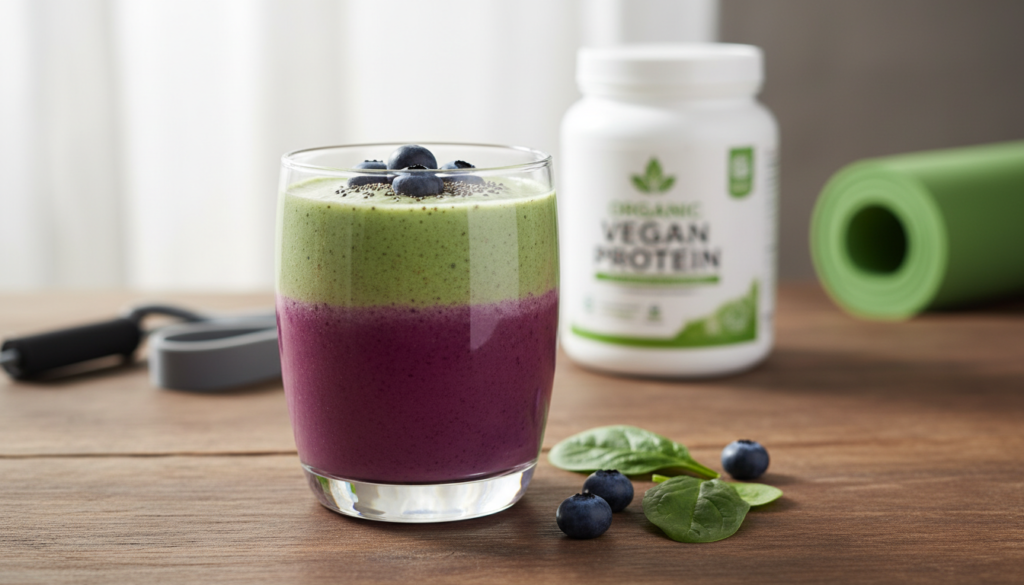 berry green protein smoothie with ingredients for glowing skin