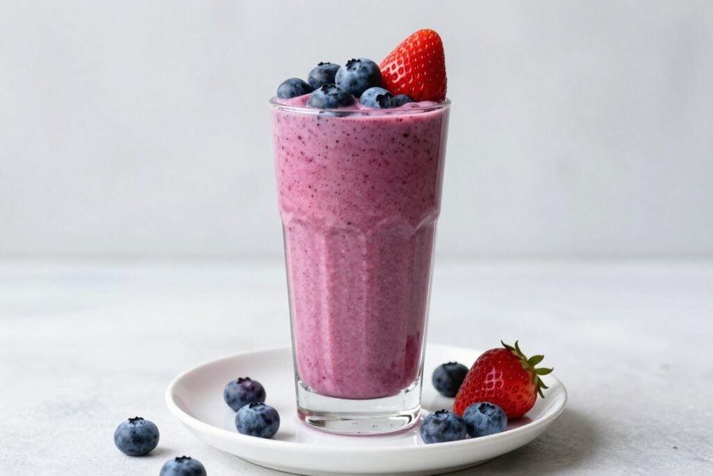 berry protein smoothie in glass with fresh berries berry protein smoothie in glass with fresh berries
